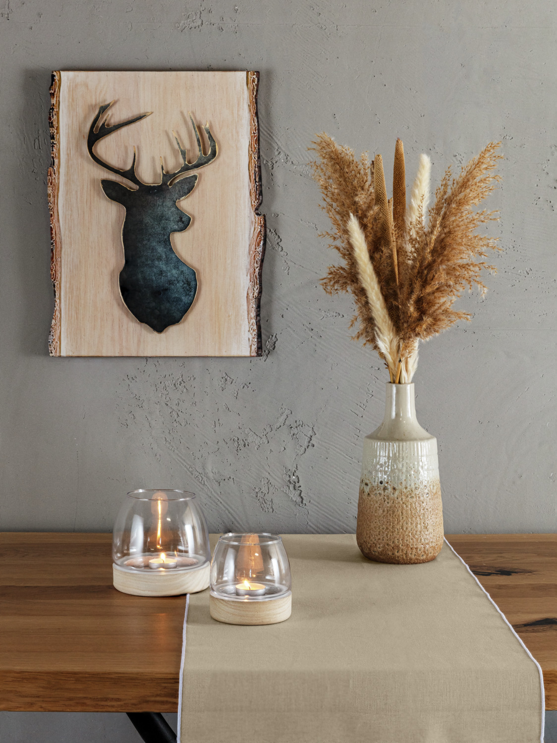 Vega Eldar Metal Wall Art, Deer Head Silhouette Design, 35.5 x 46 cm, Black and Brown with Printed Wooden Edge