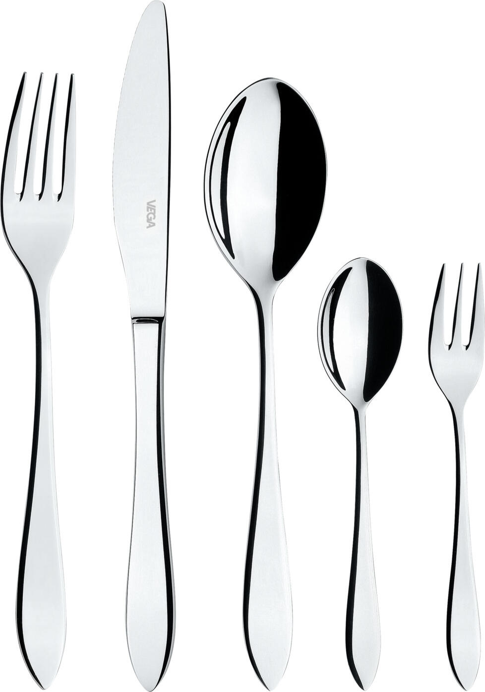 VEGA LUSINI Solutions GmbH Cutlery set Salerno 30-piece Besteck-Set Salerno 30-teilig Cutlery set Salerno 30-piece; silver Besteck-Set Salerno 30-teilig; silber Chrome-nickel stainless steel 18/10 rustproof (table knife 13/0). The six-person set consists of six table spoons, six table forks, six table knives, six coffee spoons and six cake forks. Timeless cutlery series in a linear design. Mirror polished. Table fork: Length 20.2 cm Table knife (monoblock 13/0): Length 22.5 cm Table spoon: Length 20.2 cm Cake fork: Length 15.5 cm Coffee spoon: Length 13.3 cm Material thickness: 3 mm (measured at the thickest point of the table fork), suitable for use in the catering industry. Dishwasher safe. Chrom-Nickel-Edelstahl 18/10 rostfrei (Menümesser 13/0). Das Set für sechs Personen besteht aus jeweils sechs Menülöffeln, Menügabeln, Menümessern, Kaffeelöffeln und Kuchengabeln. Zeitlose Besteckserie in einer geradlinigen Form. Hochglanzpoliert. Menügabel: Länge 20,2 cm Menümesser (Monoblock 13/0): Länge 22,5 cm Menülöffel Länge  20,2 cm Kuchengabel Länge 15,5 cm Kaffeelöffel Länge 13,3 cm Gastronomiegerechte Materialstärke 3 mm (gemessen an der stärksten Stelle der Menügabel). Spülmaschinenfest.