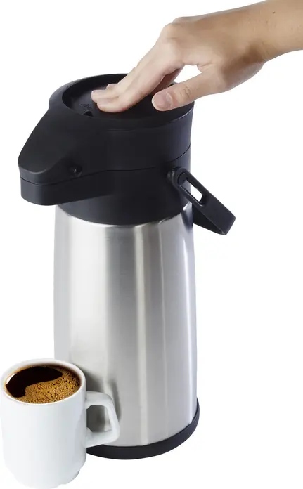 APS BUDGET Pump Vacuum Jug 2.2L, Double-Walled Stainless Steel Thermal Carafe with Rotary Pump and Handle, Black/Silver