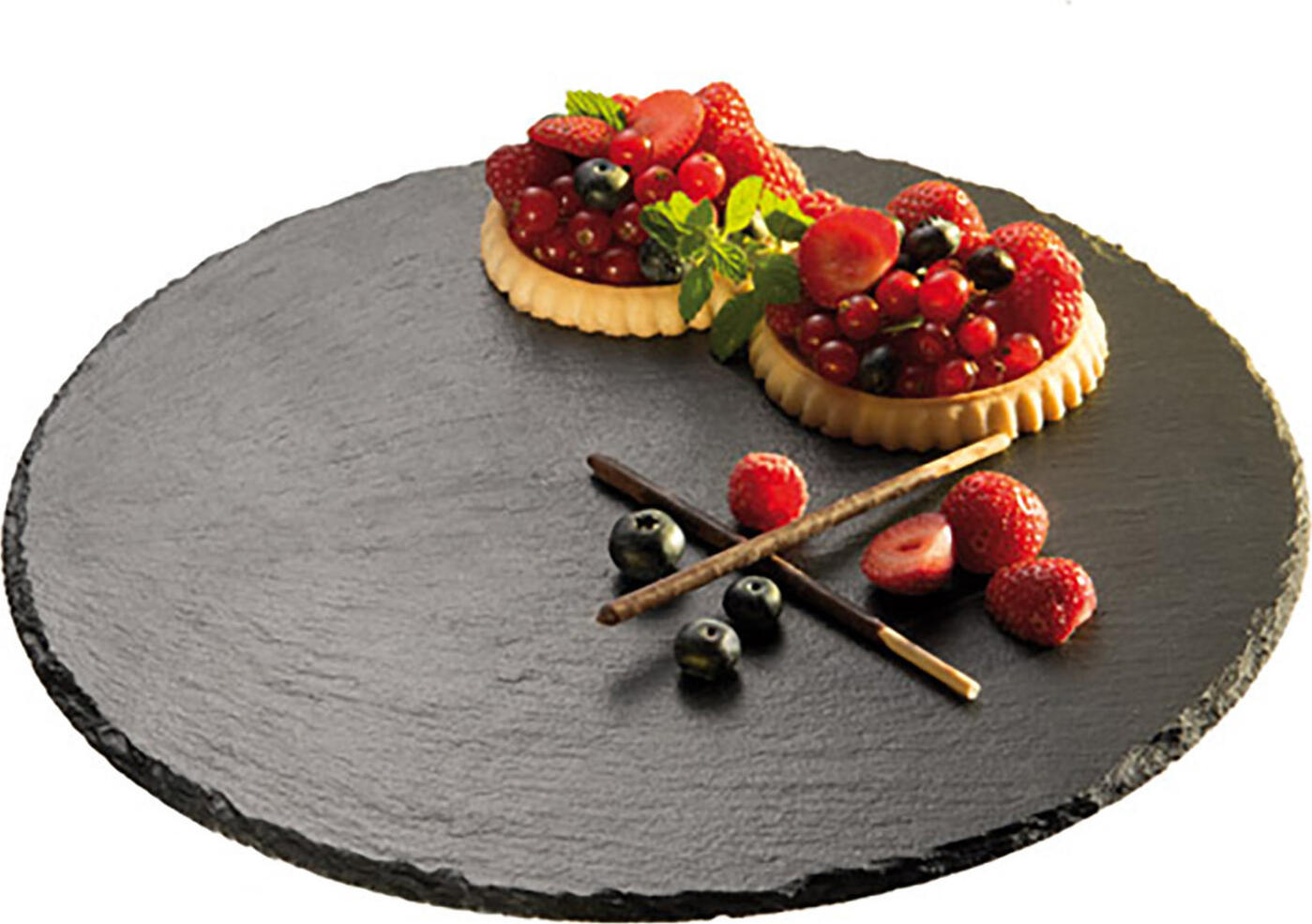 APS Assheuer + Pott Round Natural Slate Cake Plate, 32 cm Rotating Serving Platter with Stainless Steel Base, Glossy Black Broken Edges