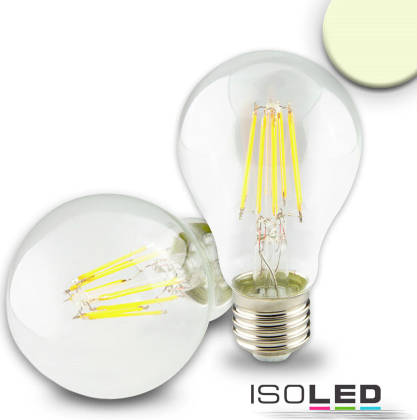 ISOLED LED lamp E27 Clear LED Lampe E27 klar LED lamp E27 Clear; 10.5x6 cm (LxØ); transparent LED Lampe E27 klar; 10.5x6 cm (LxØ); transparent LED lamp made of clear glass with trendy filament optics. Warm white light color 2700 K, 890 lm, operating hours 30,000 h, color reproduction 83 CRI, beam angle 360 °, dimmable via phase control/reverse phase control. LED Lampe aus klarem Glas mit trendiger Filamentoptik. Lichtfarbe warmweiß 2700 K, Lumen 890 lm, Betriebsstunden 30.000 h, Farbwiedergabe 83 CRI, Abstrahlwinkel 360°, dimmbar über Phasenan-/abschnitt.