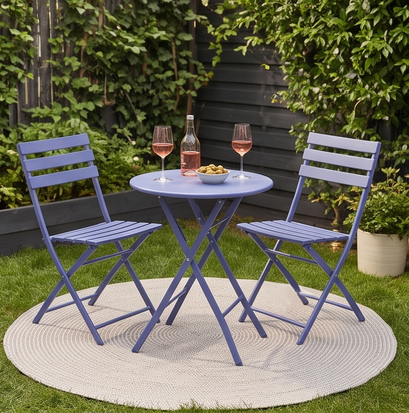 FABBYGO SC-120C Folding Garden Furniture Set of 3 Pieces, Blue, Round Steel Table 60cm and 2 Folding Chairs, Metal Slatted Design for Balcony and Terrace, Partial Assembly Required