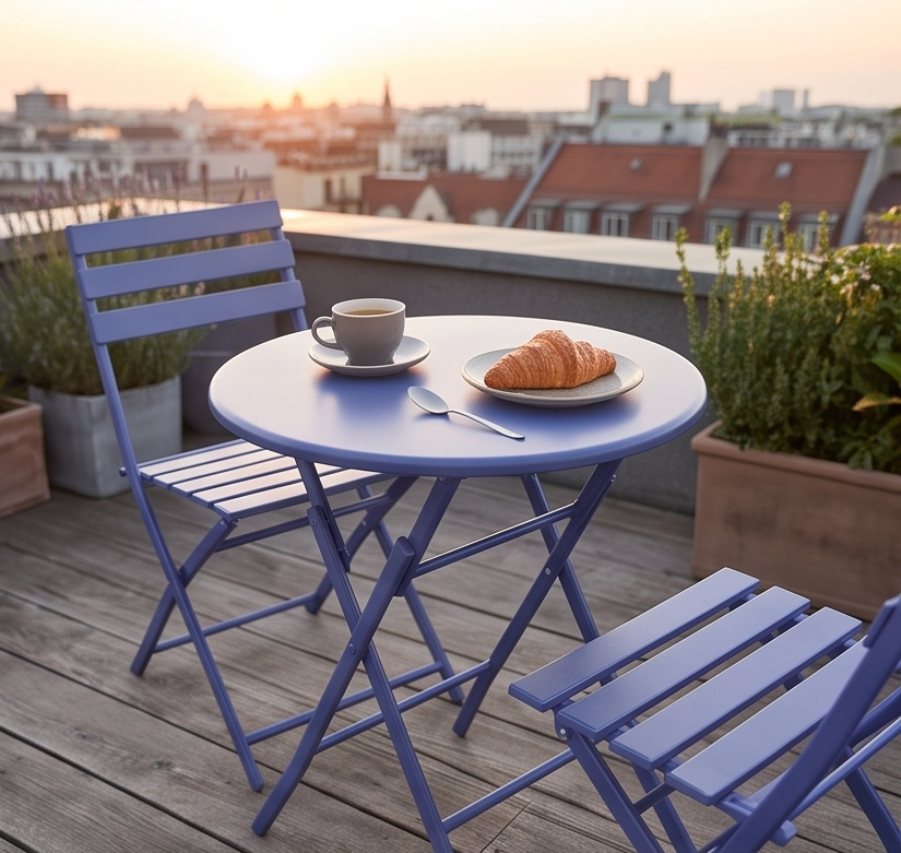 FABBYGO SC-120C Folding Garden Furniture Set of 3 Pieces, Blue, Round Steel Table 60cm and 2 Folding Chairs, Metal Slatted Design for Balcony and Terrace, Partial Assembly Required