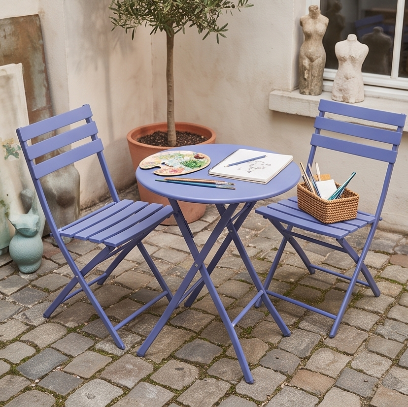FABBYGO SC-120C Folding Garden Furniture Set of 3 Pieces, Blue, Round Steel Table 60cm and 2 Folding Chairs, Metal Slatted Design for Balcony and Terrace, Partial Assembly Required