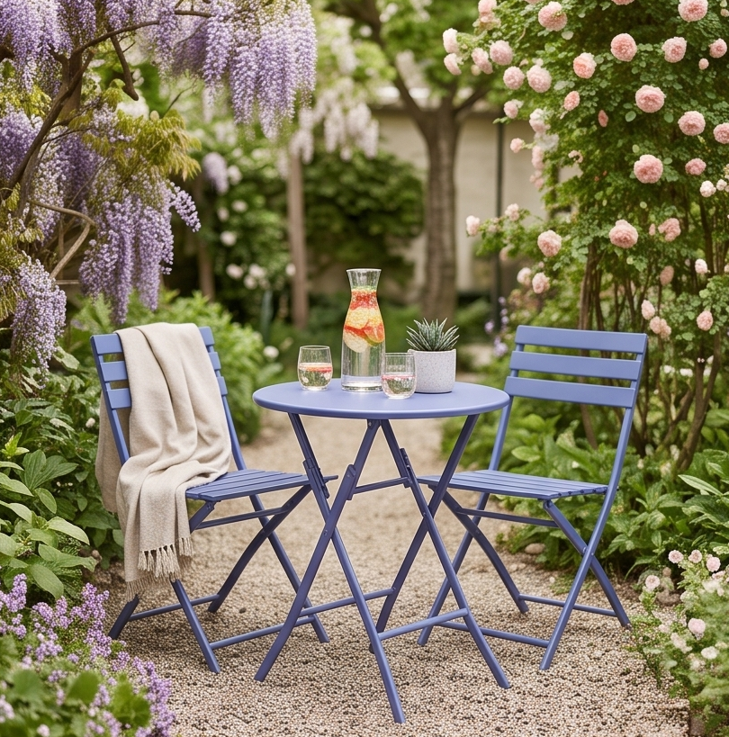 FABBYGO SC-120C Folding Garden Furniture Set of 3 Pieces, Blue, Round Steel Table 60cm and 2 Folding Chairs, Metal Slatted Design for Balcony and Terrace, Partial Assembly Required
