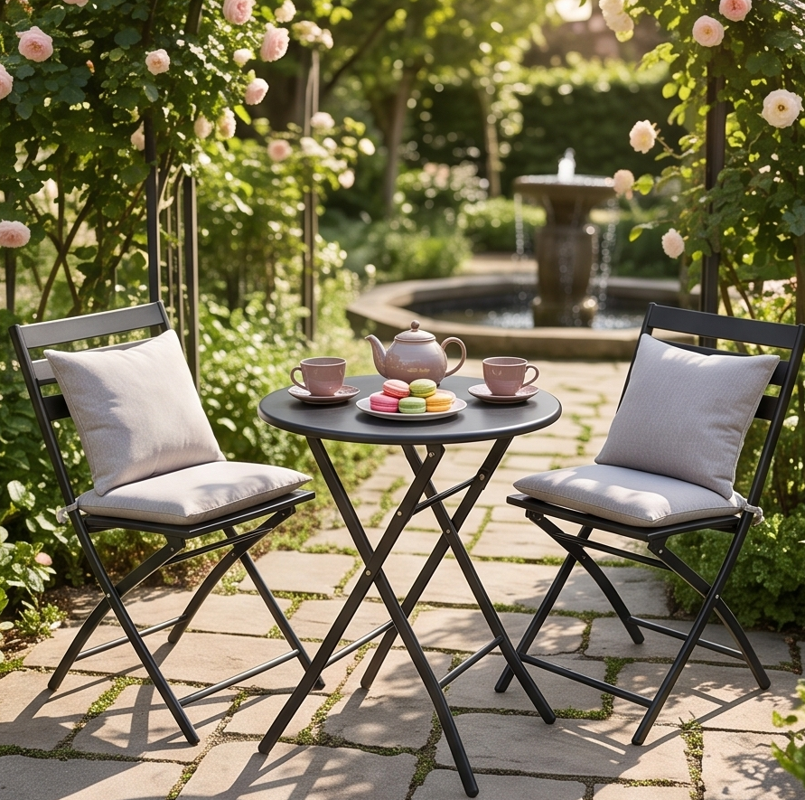 Set de Mobilier de Gradina Pliabil Minimalist FABBYGO SC-120C din 3 Piese, Masa Rotunda din Otel 60cm Negru si 2 Scaune Pliabile, Design cu Sipca pentru Balcon si Terasa