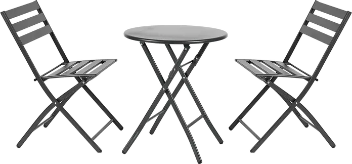 Set de Mobilier de Gradina Pliabil Minimalist FABBYGO SC-120C din 3 Piese, Masa Rotunda din Otel 60cm Negru si 2 Scaune Pliabile, Design cu Sipca pentru Balcon si Terasa
