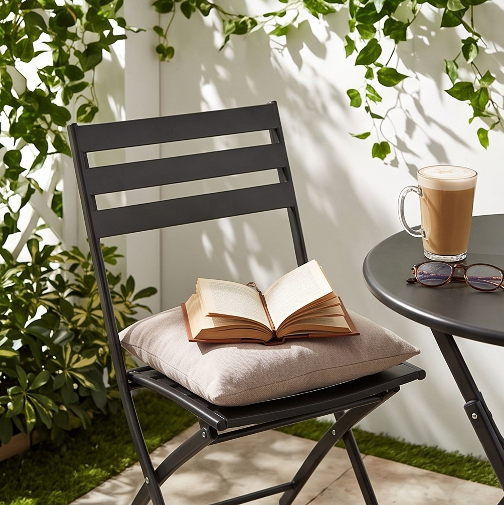 Set de Mobilier de Gradina Pliabil Minimalist FABBYGO SC-120C din 3 Piese, Masa Rotunda din Otel 60cm Negru si 2 Scaune Pliabile, Design cu Sipca pentru Balcon si Terasa