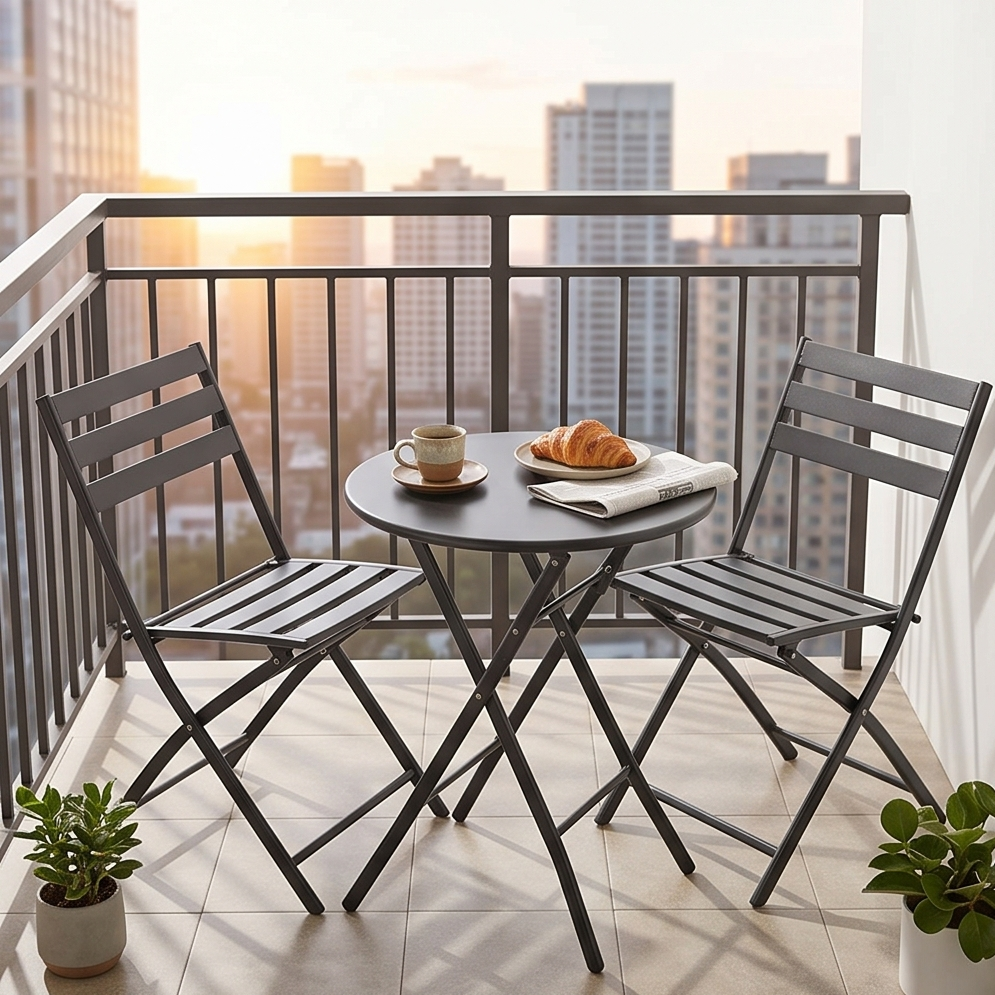 Set de Mobilier de Gradina Pliabil Minimalist FABBYGO SC-120C din 3 Piese, Masa Rotunda din Otel 60cm Negru si 2 Scaune Pliabile, Design cu Sipca pentru Balcon si Terasa
