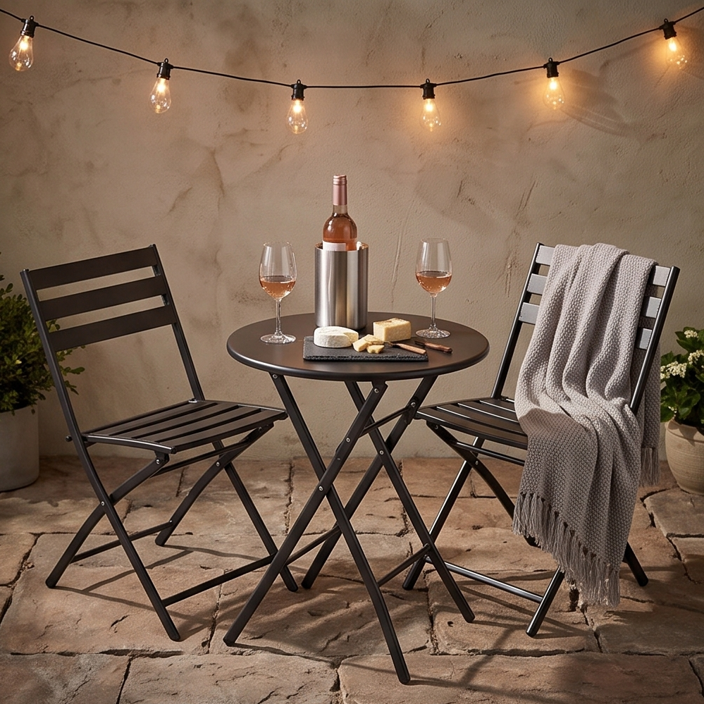Set de Mobilier de Gradina Pliabil Minimalist FABBYGO SC-120C din 3 Piese, Masa Rotunda din Otel 60cm Negru si 2 Scaune Pliabile, Design cu Sipca pentru Balcon si Terasa