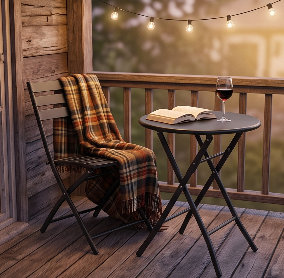 Set de Mobilier de Gradina Pliabil Minimalist FABBYGO SC-120C din 3 Piese, Masa Rotunda din Otel 60cm Negru si 2 Scaune Pliabile, Design cu Sipca pentru Balcon si Terasa