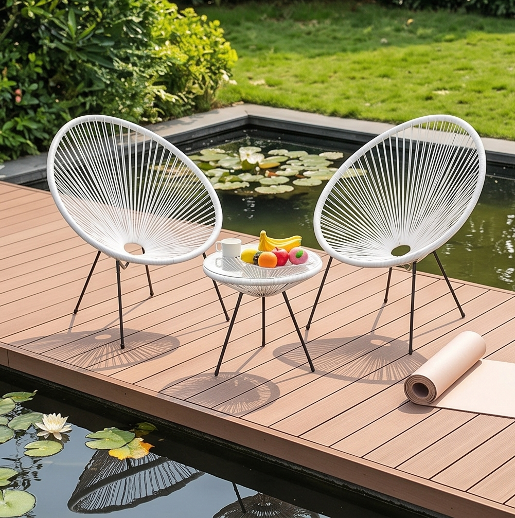 Set Mobilier Gradina FABBYGO SC-092KD 3 Piese, 2 Scaune Acapulco tip Ou cu Corduri Elastice si 1 Masa Cafea Rotunda din Sticla Temperata, Alb si Negru