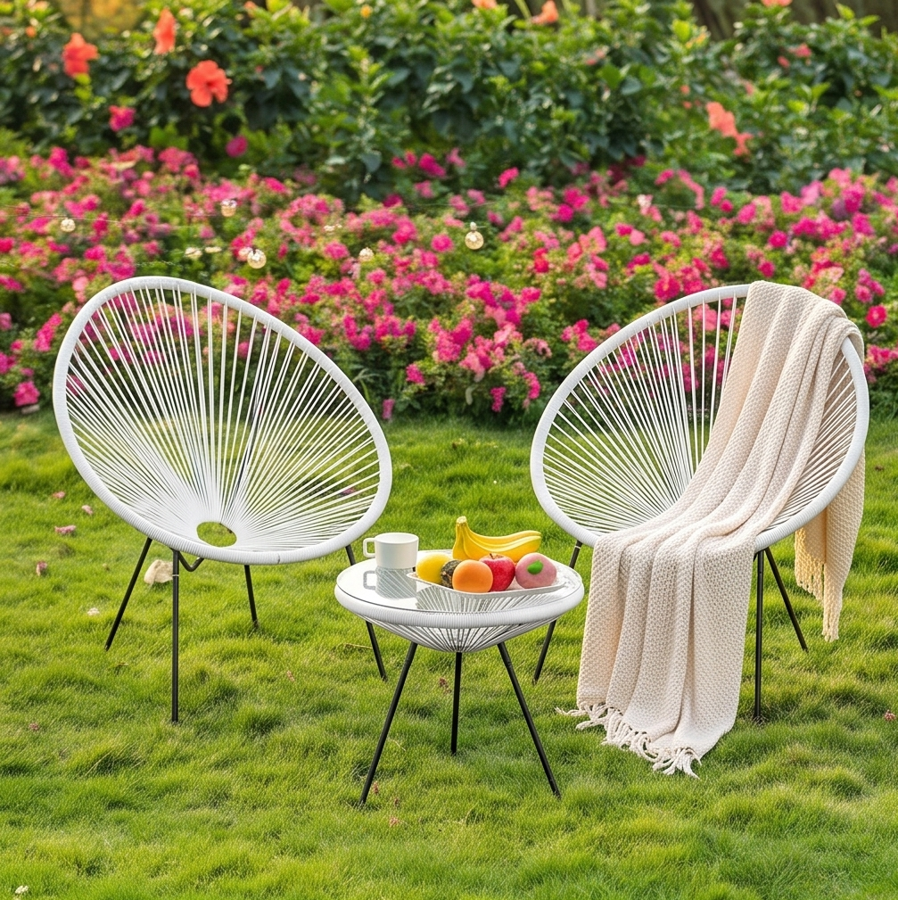 Set Mobilier Gradina FABBYGO SC-092KD 3 Piese, 2 Scaune Acapulco tip Ou cu Corduri Elastice si 1 Masa Cafea Rotunda din Sticla Temperata, Alb si Negru