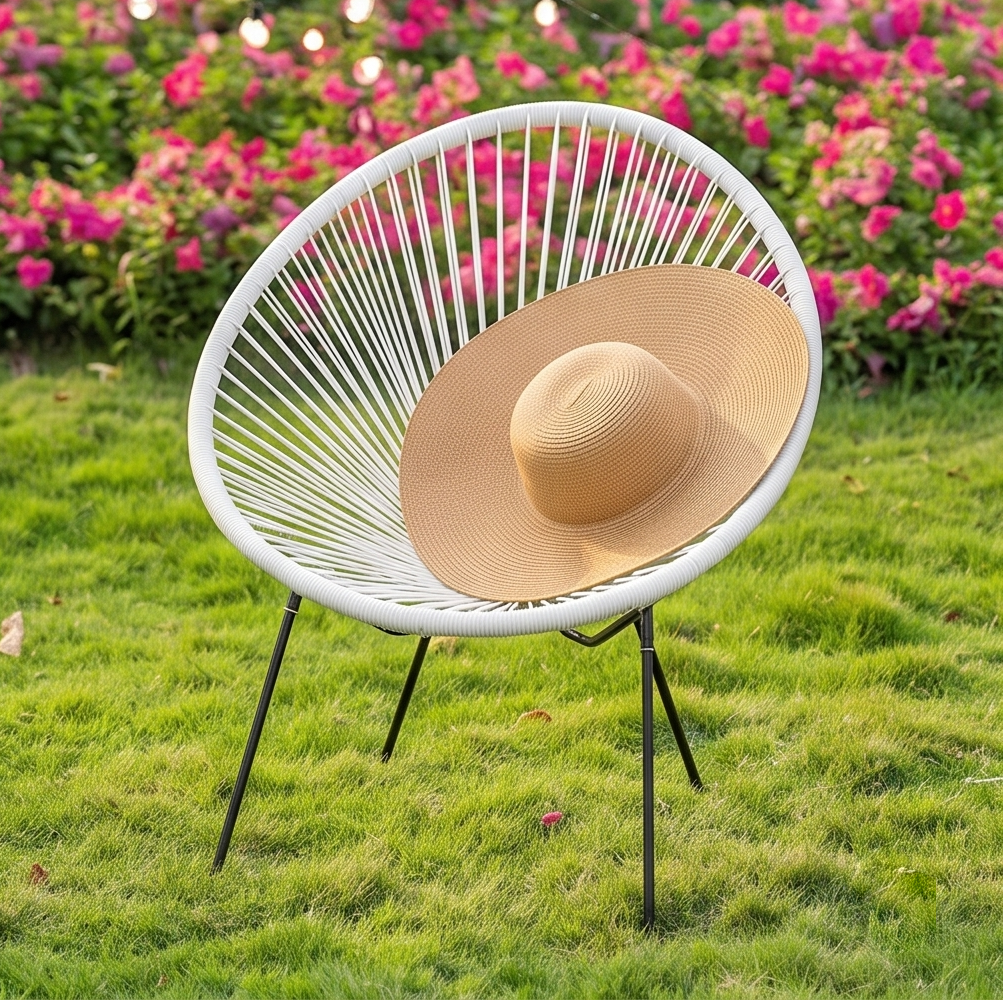 Set Mobilier Gradina FABBYGO SC-092KD 3 Piese, 2 Scaune Acapulco tip Ou cu Corduri Elastice si 1 Masa Cafea Rotunda din Sticla Temperata, Alb si Negru