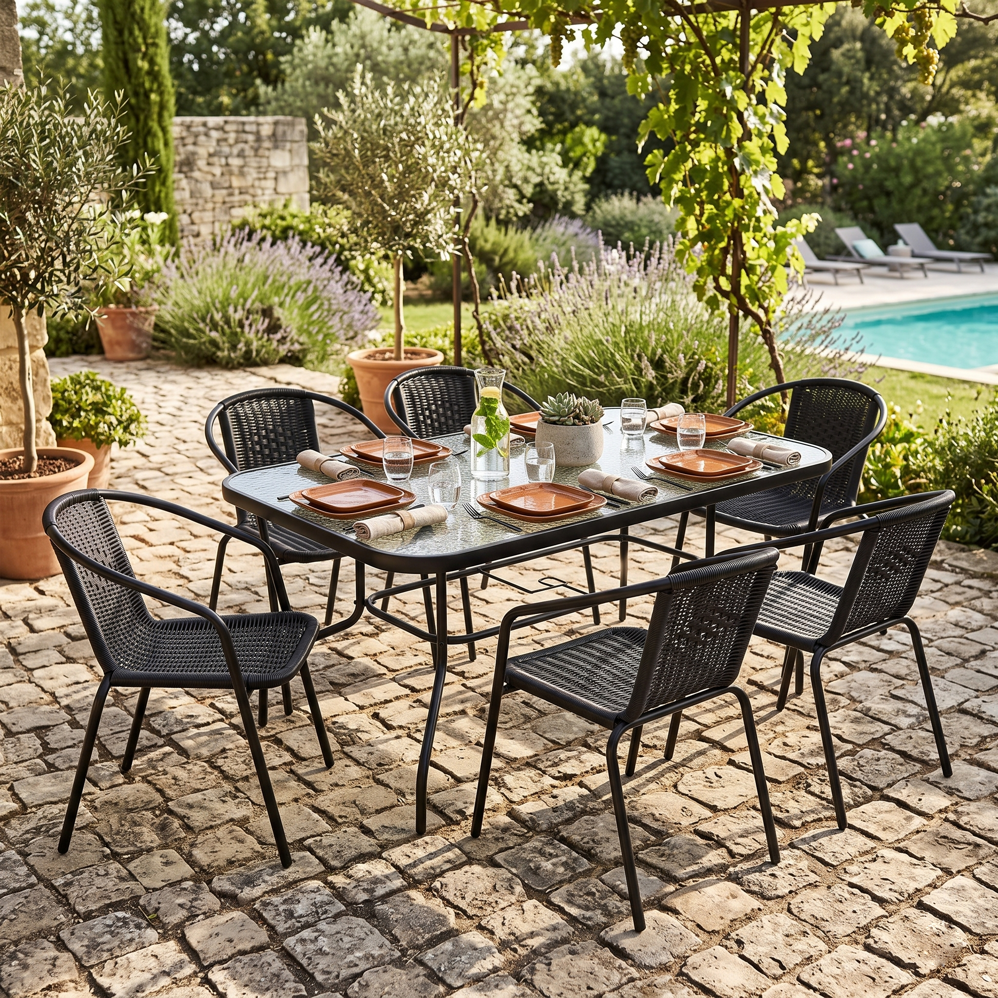 Set Mobilier Grădină FABBYGO 7 Piese, Masă SC-089-150x90 cu Blat de Sticlă 150x90x70cm și 6 Scaune Rattan SC-039P, Structură Oțel, Negru