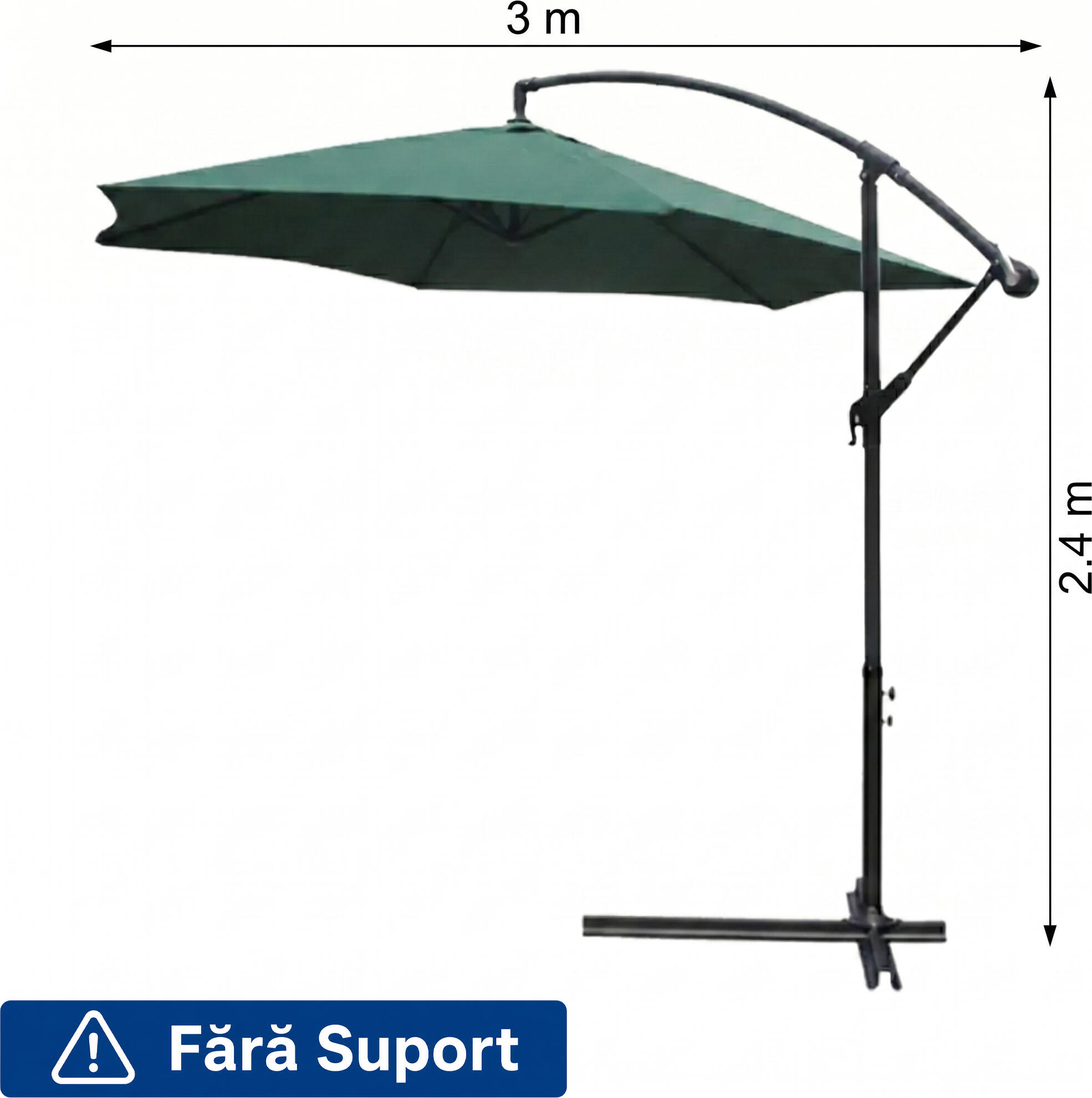 Umbrela de gradina FABBYGO JH-270W, Diametru 3m, Inaltime 2.4m, Cupola din Poliester 180g Impermeabila si Rezistenta la UV, Cadru de Otel, Verde
