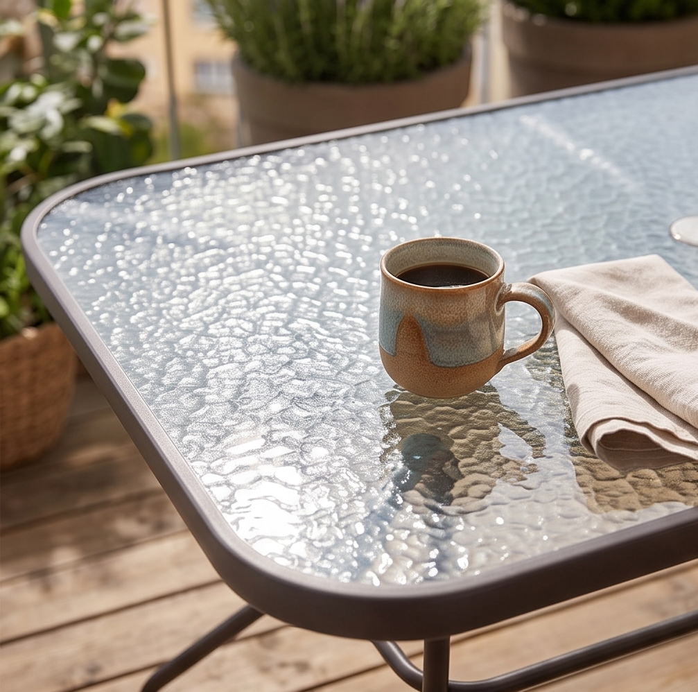 Masa de gradina si terasa FABBYGO SC-089, blat de sticla, cadru din otel, 150x90x70 cm, negru, cu gaura pentru parasol