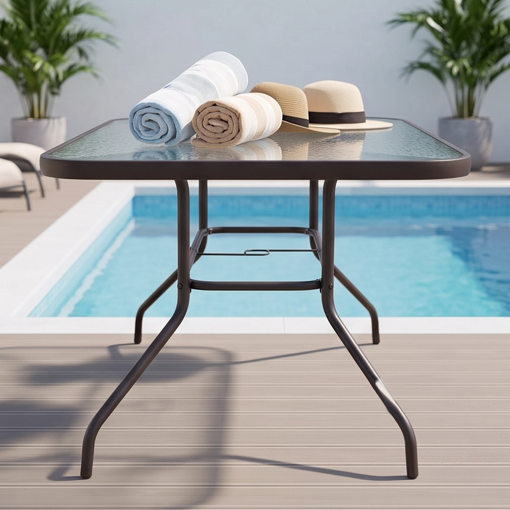 Masa de gradina si terasa FABBYGO SC-089, blat de sticla, cadru din otel, 150x90x70 cm, negru, cu gaura pentru parasol