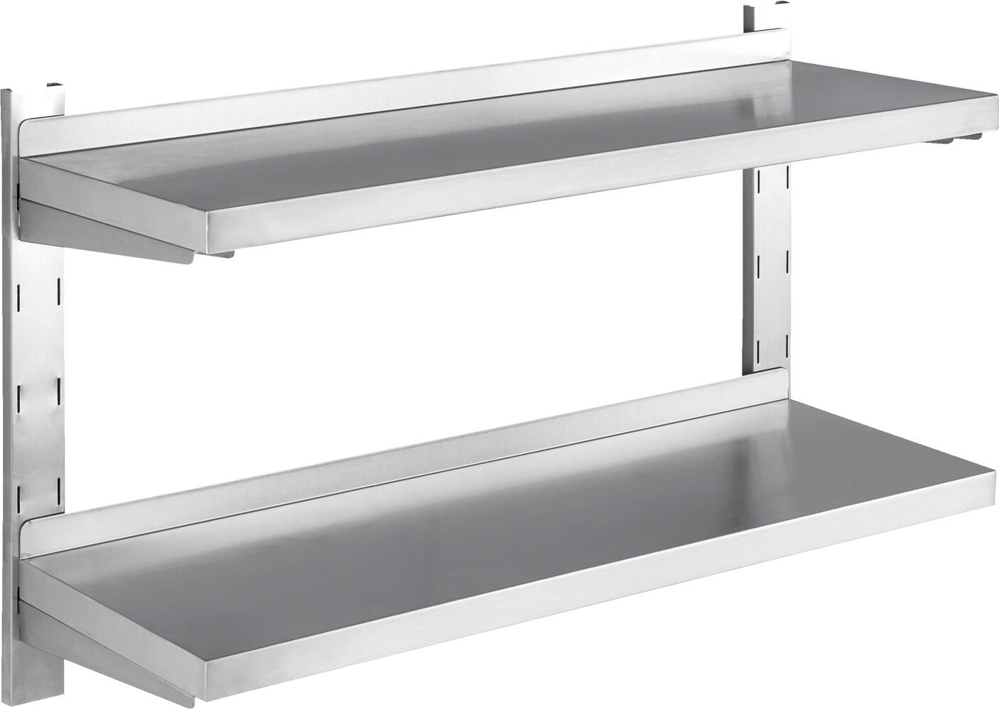 PULSIVA LUSINI Solutions GmbH Wall rack Tondo Wandregal Tondo Wall rack Tondo; 150x30 cm (WxD); silver Wandregal Tondo; 150x30 cm (BxT); silber Made of chrome stainless steel, rustproof. For wall mounting. 2 adjustable rails and two shelves with 3 cm backsplash. Shelves can be mounted at five different heights. The maximum distance between both shelves is 32 cm. Dimensions of the rails LxW 55x5,5 cm. Aus Chrom-Edelstahl, rostfrei. Zur Befestigung an der Wand. 2 Verstellschienen und zwei Borde mit 3 cm Aufkantung. Borde sind an fünf verschiedenen Höhen einzuhängen. Der maximale Abstand zwischen beiden Borden ist 32 cm. Maße der mitgelieferten Schienen LxB 55x5,5 cm.