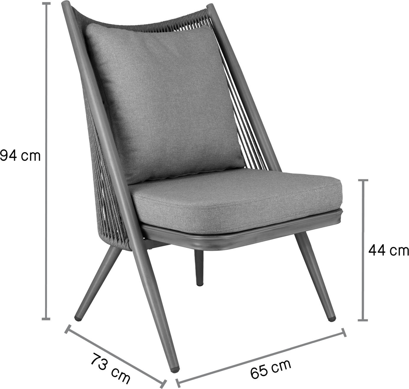 Scaun Lounge Exterior VEGA Isola, Cadru Aluminiu Vopsit Electrostatic, Impletitura din Sfoara de Plastic, Perne Olefin Rezistente la Intemperii Incluse, Demontabile si Lavabile la 30 °C, 65x73x94 cm