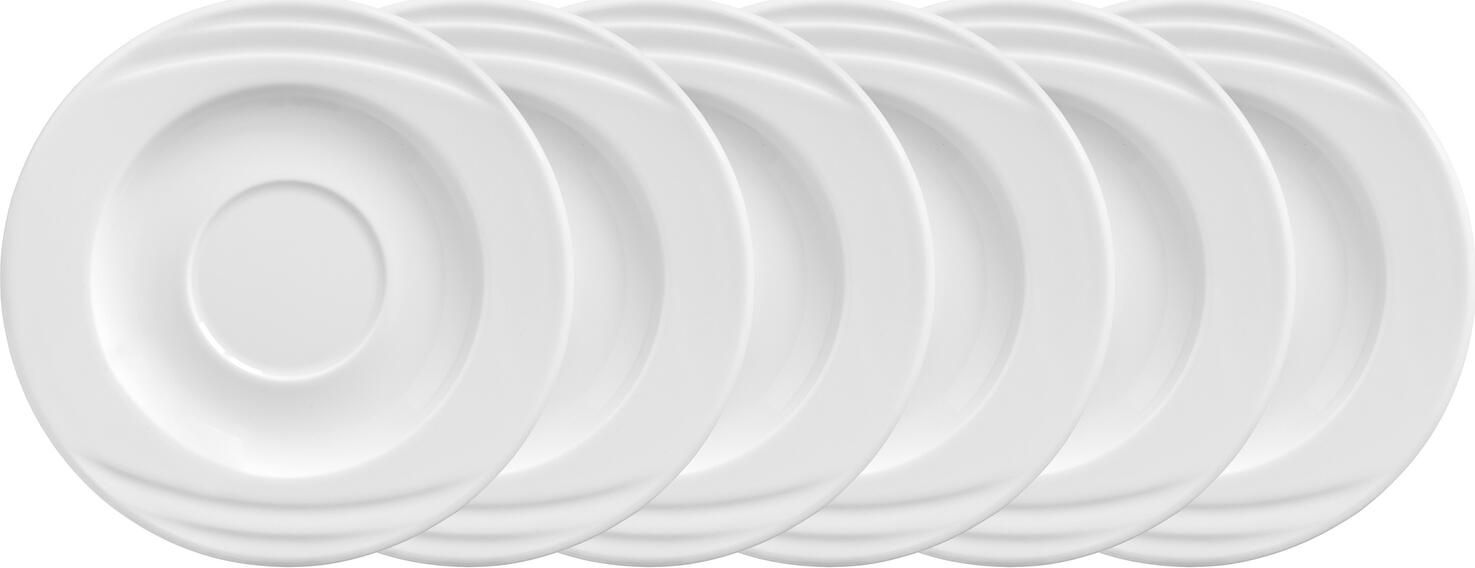PULSIVA Melody Porcelain Saucers, White Round Relief Pattern, 16.1 cm Diameter, Scratch-Resistant, Dishwasher and Microwave Safe, Set of 6