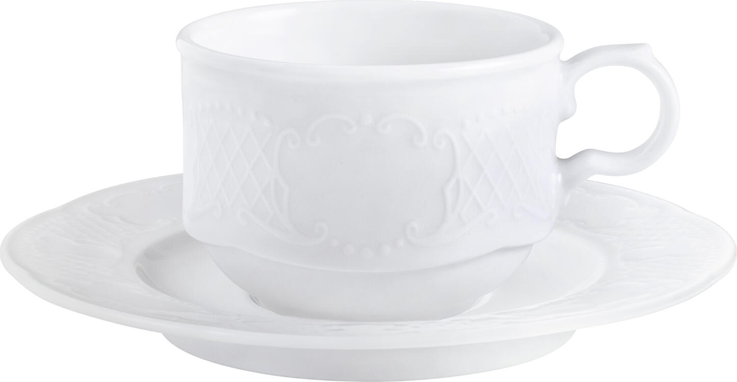 VEGA Minuett Coffee Cup Set of 6, 200 ml White Catering Porcelain with Filigree Relief, Stackable, Dishwasher and Microwave Safe