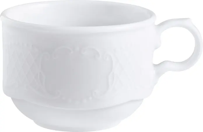 VEGA Minuett Coffee Cup Set of 6, 200 ml White Catering Porcelain with Filigree Relief, Stackable, Dishwasher and Microwave Safe