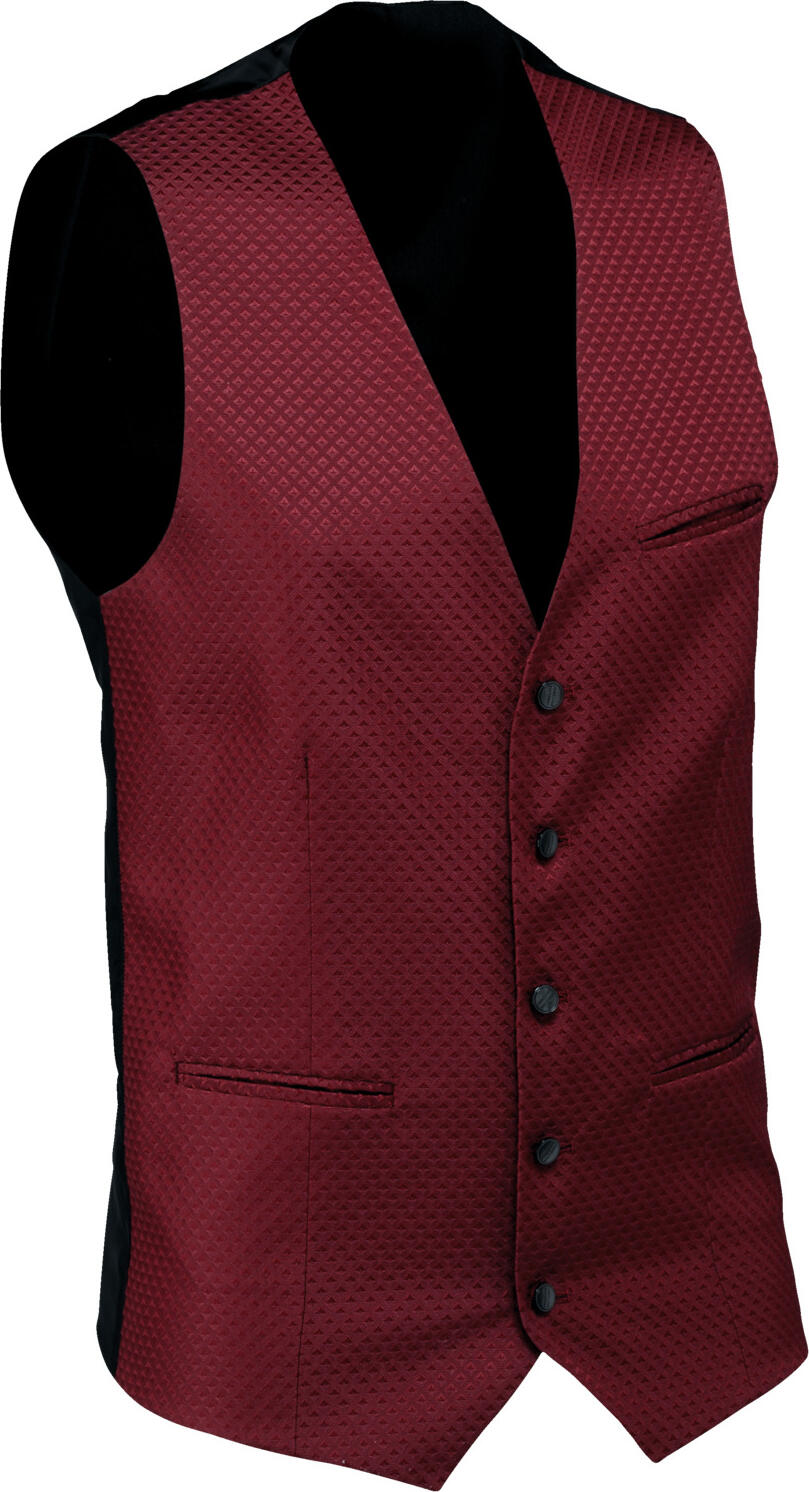 JOBELINE LUSINI Solutions GmbH Men's vest Classic Herrenweste Classic Men's vest Classic; Size 44; bordeaux Herrenweste Classic; Kleidergröße 44; bordeaux 100 % polyester. 30 °C gentle wash. Classic, elegant men's vest made of jacquard fabric with taffeta back. With a width-adjusting strap on the back, 5-button placket and three piped pockets on the front. Straight cut and fully lined with inner breast pocket. Particularly easy-care and quick-drying material. Back length: 67 cm for size 50. 100 % Polyester. 30°-Schonwäsche. Klassische, elegante Herrenweste aus Jacquardstoff mit Taftrücken. Mit weitenregulierendem Riegel im Rückenteil, 5-Knopfleiste und drei Paspeltaschen im Vorderteil. Gerade geschnitten und komplett gefüttert mit Brustinnentasche. Besonders pflegeleichtes und schnelltrocknendes Material. Rückenlänge: 67 cm in Gr 50