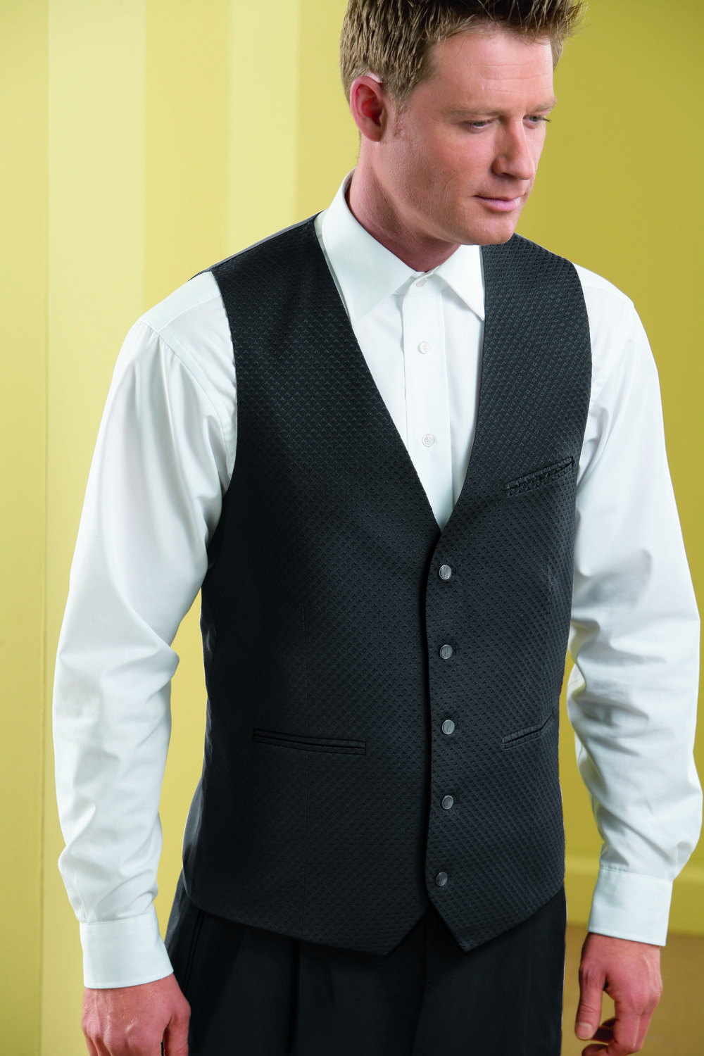 Jobeline Men's Classic Vest, 100% Polyester Jacquard Fabric, Taffeta Back, 5-Button Placket, 3 Front Piped Pockets, Straight Cut, Fully Lined