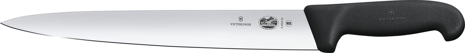 Victorinox Victorinox AG Ham knife Fibrox straight wide Schinkenmesser Fibrox gerade breit Ham knife Fibrox straight wide; Blade length 30 cm, 43.7 cm (L); silver/black Schinkenmesser Fibrox gerade breit; Klingenlänge 30 cm, 43.7 cm (L); silber/schwarz From professionals for professionals Non-slip handles guarantee safe working Particularly high edge retention for a long service life Outstanding sharpness and maximum stability The Fibrox collection was developed for professional chefs, but is also popular with amateur chefs due to its optimum performance and precise cuts. The non-slip, ergonomic handles sit comfortably in the hand and are easy on the wrist. This makes cooking and cutting fun! Extra-sharp stainless steel blades glide through even the thickest cuts of meat and sophisticated special knives handle a variety of kitchen tasks - from filleting fish to glazing cakes. Material handle: Thermoplastic elastomers (TPE) combine the easy processing of thermoplastics with the advantages of elastomers. They are extremely flexible even at high temperatures, very robust and have high impact and notch resistance even at low temperatures. TPE materials can withstand temperatures of up to 110°C. Von Profis für Profis Rutschfeste Griffe garantieren sicheres Arbeiten Besonders hohe Schnitthaltigkeit für eine lange Lebensdauer Hervorragende Schärfe und maximale Stabilität Die Fibrox Kollektion wurde für Profiköche entwickelt, ist aber auch bei Hobbyköchen aufgrund ihrer optimalen Performance und präzisen Schnitte beliebt. Die rutschfesten, ergonomischen Griffe liegen gut in der Hand und schonen das Handgelenk. So machen Kochen und Schneiden Spaß! Extra scharfe Klingen aus rostfreiem Stahl gleiten selbst durch die dicksten Fleischstücke und ausgereifte Spezialmesser erledigen verschiedene Küchenaufgaben – vom Filetieren von Fisch bis zum Glasieren von Torten. Material Griff: Thermoplastische Elastomere (TPE) kombinieren die einfache Verarbeitung von Thermokunststoffen mit den Vorteilen von Elastomeren. Sie sind auch bei hohen Temperaturen extrem flexibel, sehr robust und besitzen sogar bei niedrigen Temperaturen eine hohe Schlag- und Kerbschlagfestigkeit. TPE-Materialien halten Temperaturen von bis zu 110 °C stand.