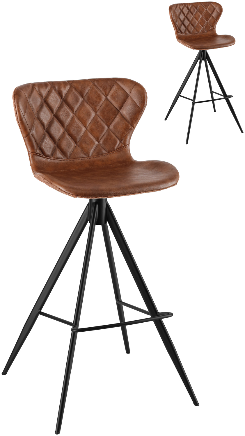 VEGA Kansas Bar Stool Set of 2, Cognac Imitation Leather and Polyester Seat, Black Powder-Coated Steel Frame, 104 cm Height, Ergonomic Design