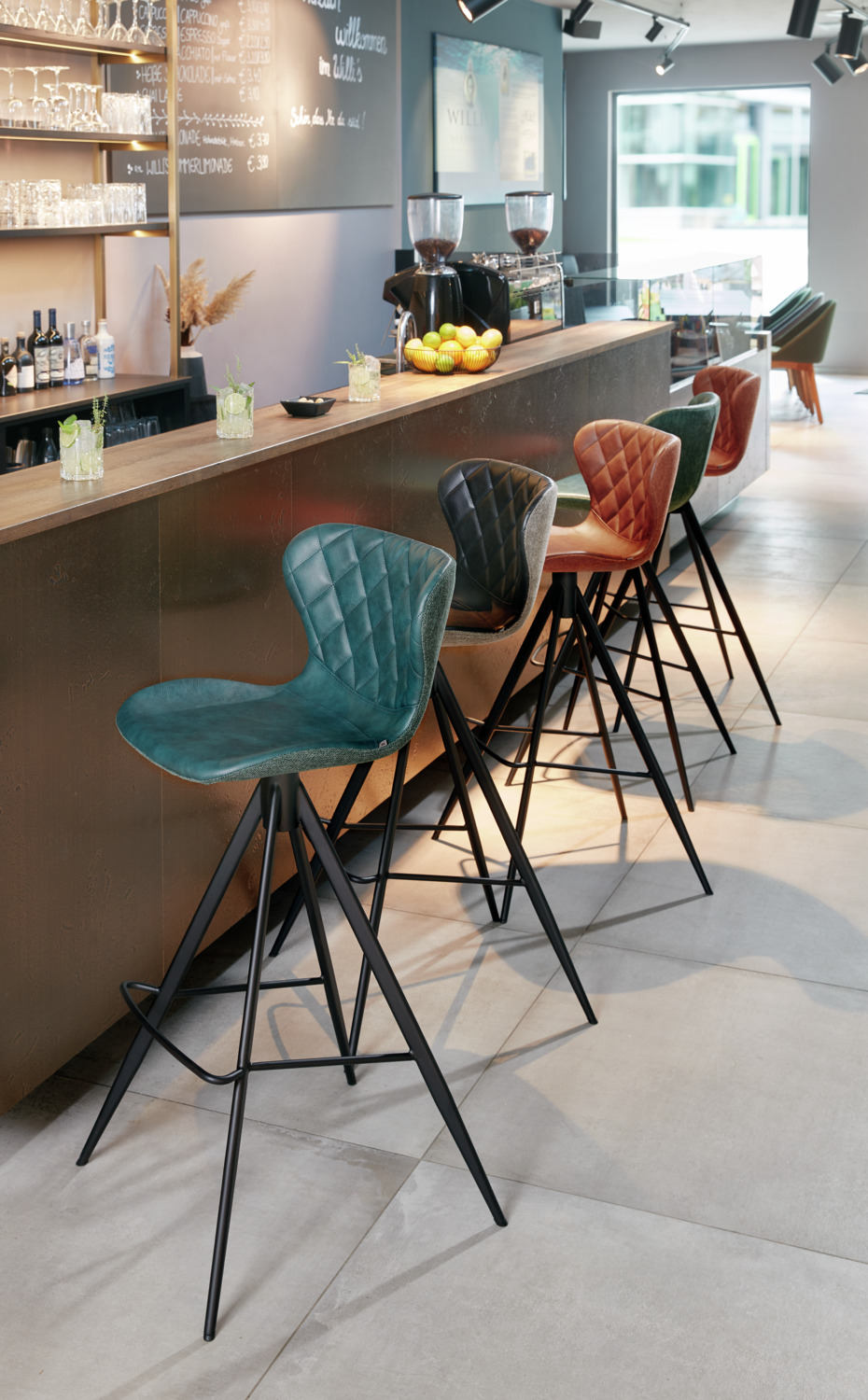 VEGA Kansas Bar Stool Set of 2, Cognac Imitation Leather and Polyester Seat, Black Powder-Coated Steel Frame, 104 cm Height, Ergonomic Design