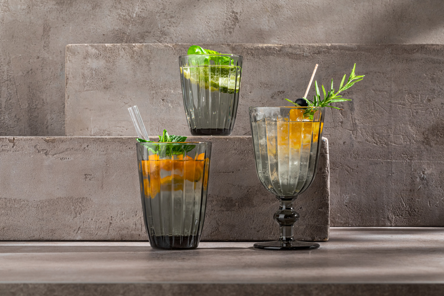 VEGA Marlene Water Glasses, Grey Solid Colored Glass with Relief Design, 330 ml, Dishwasher Safe, Set of 6