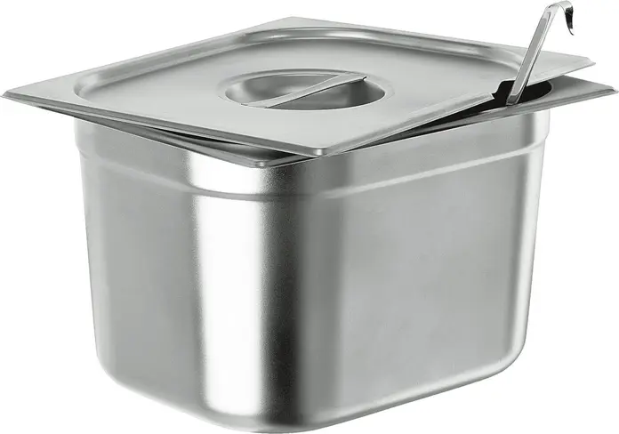 Capac GN 1/6 Pulsiva Basic din otel inoxidabil cu decupaj pentru lingura, 17.6 x 16.2 cm, Argintiu, Compatibil cu gama Basic