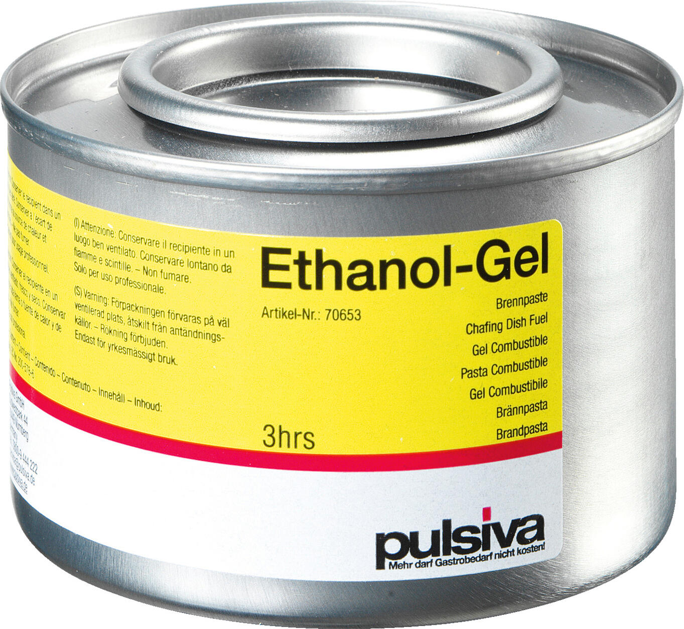 PULSIVA LUSINI Solutions GmbH Fuel gel Brennpaste Fuel gel; 230 ml; transparent; 48 piece / pack Brennpaste; 230 ml; transparent; 48 Stück / Pack Powerful fuel paste for chafing dishes. Top quality made from pure ethanol. Burns cleanly and with little odor, without producing soot or smoke. Up to 80°C can be achieved. The 230 ml can ensures a burning time of 3 hours. Please note: This article is a product subject to labeling in accordance with the EC GHS Regulation. The product is classified as dangerous goods. Please observe the hazard and safety instructions at www.lusini.com. Leistungsstarke Brennpaste für Chafing-Dishes. Spitzenqualität aus reinem Ethanol. Verbrennt geruchsarm und sauber, ohne Ruß- und Rauchentwicklung. Es können bis zu 80 °C erreicht werden. Die 230ml-Dose sorgt für 3h Brenndauer. Bitte beachten Sie: Bei diesem Artikel handelt es sich um ein kennzeichnungspflichtiges Produkt nach EG-GHS-Verordnung. Das Produkt ist als Gefahrgut eingestuft. Bitte beachten Sie die Gefahren - und Sicherheitshinweise auf www.lusini.com