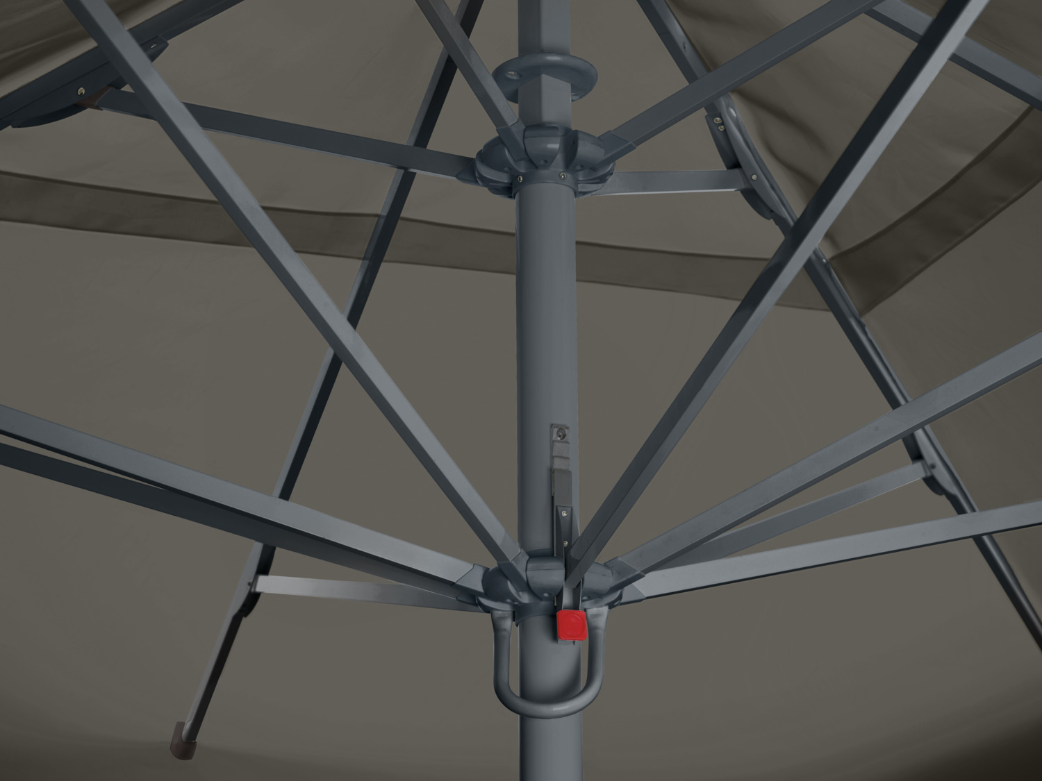 Umbrelă de grădină VEGA Esparto pătrată, 350x350x370 cm, cadru aluminiu vopsit electrostatic antracit, copertă poliester gri 230g/m2, UV 50+, impermeabilă