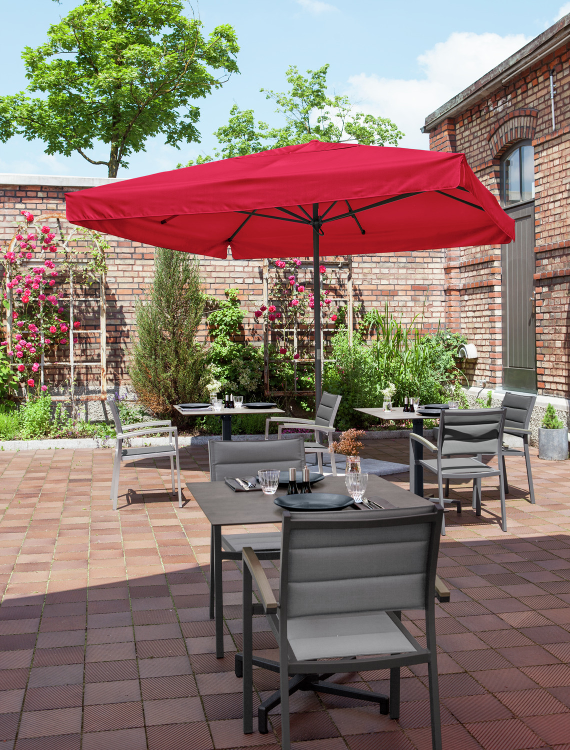 VEGA Esparto Square Gastro Parasol 350x350x370 cm Burgundy Powder-coated Aluminum Frame Anthracite UV 50+ Weatherproof Polyester Cover