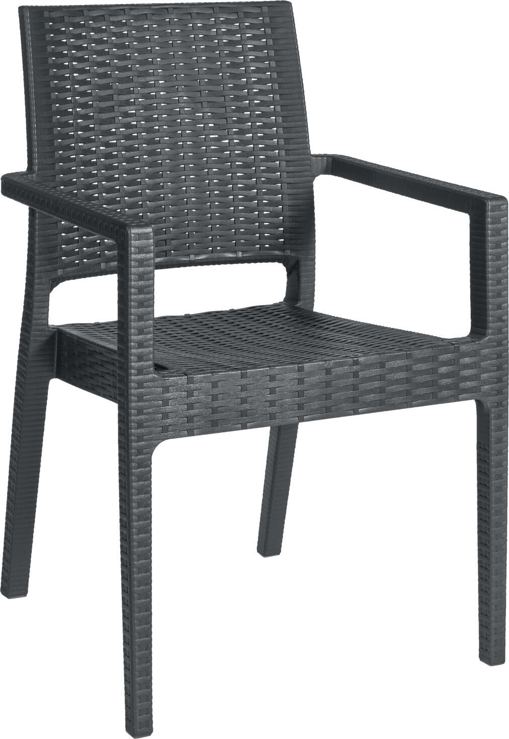 Siesta ISILPLAST PLASTIK SAN.VE TIC.A.S. Chair Melrose with armrests Stuhl Melrose mit Armlehne Chair Melrose with armrests; 57x59x88 cm (WxDxH); anthracite; 2 piece / pack Stuhl Melrose mit Armlehne; 57x59x88 cm (BxTxH); anthrazit; 2 Stück / Pack Chair with armrests made of highly stable plastic in wickerwork look, reinforced with glass fiber. Stackable, robust, weatherproof and UV-resistant. Suitable for outdoor use. Supplied assembled. Matching chairs or bar chairs can be ordered at the same time. Stuhl mit Armlehne aus hochstabilem Kunststoff in Geflecht Optik, der mit Glasfasern verstärkt ist. Stapelbar, robust, wetterfest und UV-beständig. Für den Außenbereich geeignet. Lieferung erfolgt montiert. Passende Stühle oder Barstühle gleich mitbestellen.