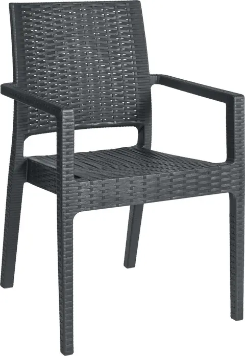Set de 2 scaune cu brate Siesta Melrose, plastic ranfortat cu fibra de sticla, design tip wicker, stivuibile, rezistente la intemperii, Antracit, 57x59x88 cm