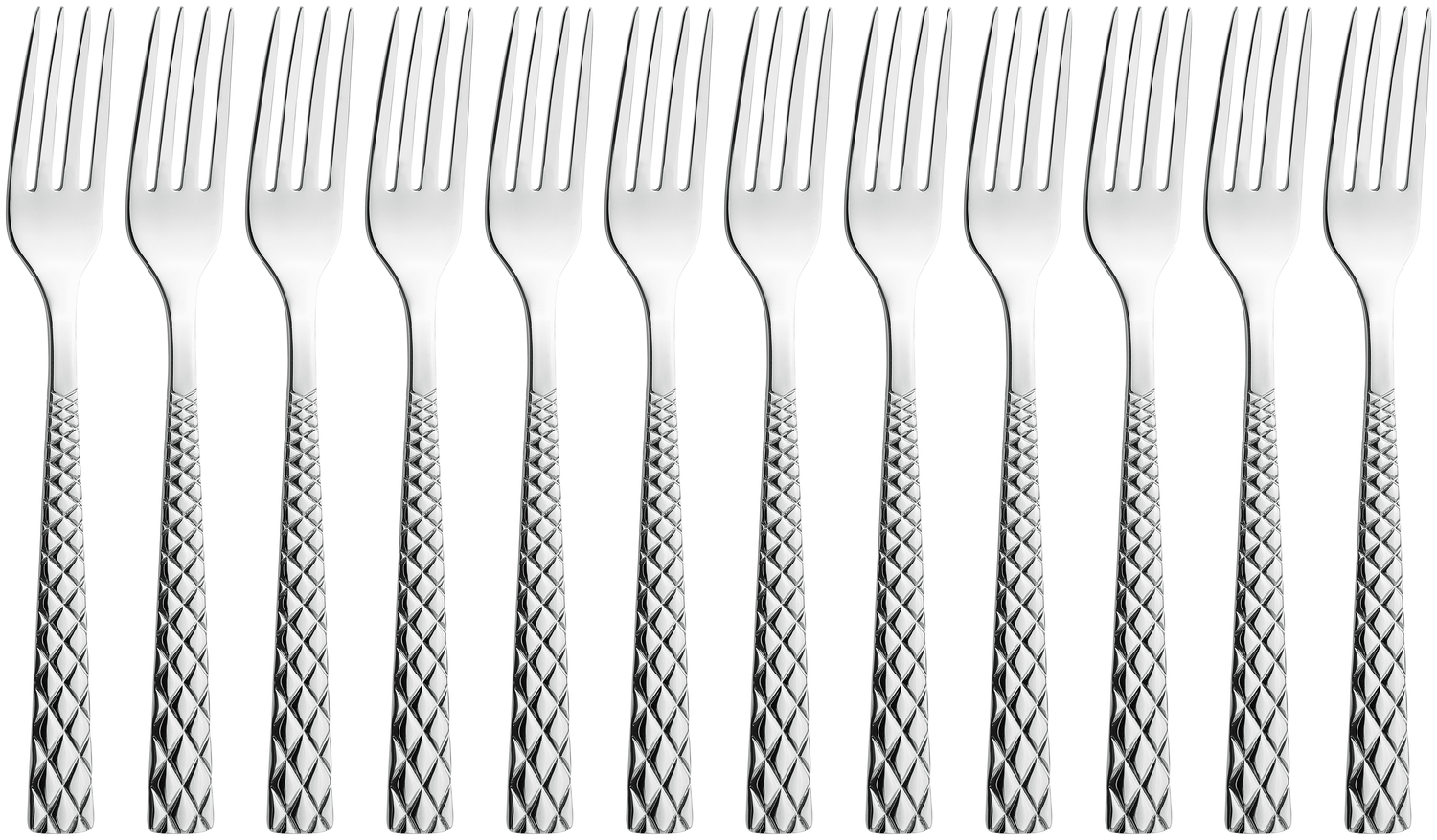 VEGA Brilio Table Fork Set of 12, 18/10 Chrome-Nickel Stainless Steel, Mirror Polished, Diamond Relief Handle, 21.4 cm, Silver