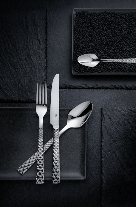 VEGA Brilio Table Fork Set of 12, 18/10 Chrome-Nickel Stainless Steel, Mirror Polished, Diamond Relief Handle, 21.4 cm, Silver