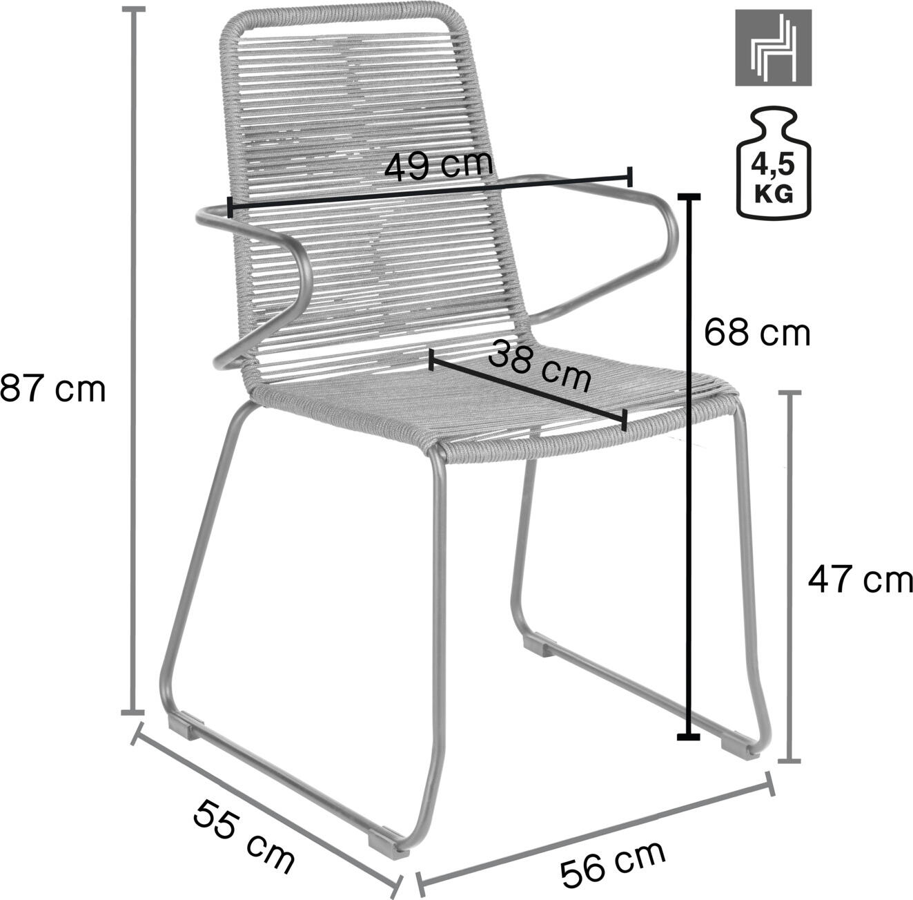 VEGA Filea Outdoor Stacking Chair, Grey Rope Wicker Seat, Zinc-Coated Steel Frame, UV-Resistant, Weatherproof, 58x56x87 cm, Max Load 160 kg