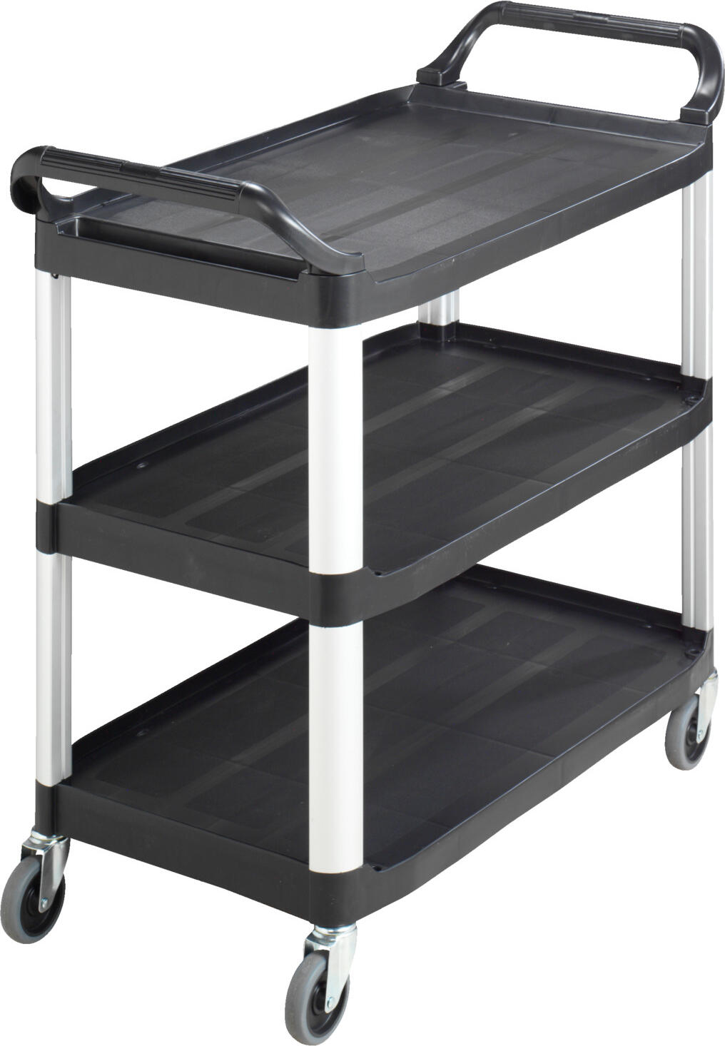 PULSIVA LUSINI Solutions GmbH Serving trolley Perfect Junior Servierwagen Perfect Junior Serving trolley Perfect Junior; 82.5x41x85 cm (WxDxH); black/grey Servierwagen Perfect Junior; 82.5x41x85 cm (BxTxH); schwarz/grau Robust plastic (polypropylene) service trolley with three shelves, four swivel casters and very quiet and smooth running. High stability and load capacity due to reinforced base structure and support bars made of anodized aluminum. Load capacity max. 300 kg with even distribution on the 3 shelves, floor distance 30 cm. Plug-in system - delivery is disassembled. Can only be assembled with enclosed rubber mallet. The containers SKU 30000895 and SKU 30000896 are available separately. Robuster Servierwagen aus Kunststoff (Polypropylen) mit drei Böden, vier Lenkrollen und sehr leisem und leichtem Lauf. Hohe Stabilität und Tragkraft durch verstärkte Bodenstruktur und Trägerstangen aus eloxiertem Aluminium. Tragkraft max. 300 kg bei gleichmäßiger Verteilung auf die drei Böden, Bodenabstand 30 cm. Stecksystem - Lieferung erfolgt zerlegt. Nur mit beigefügtem Gummihammer montierbar. Die Sammelbehälter SKU 30000895 und SKU 30000896 sind separat erhältlich.