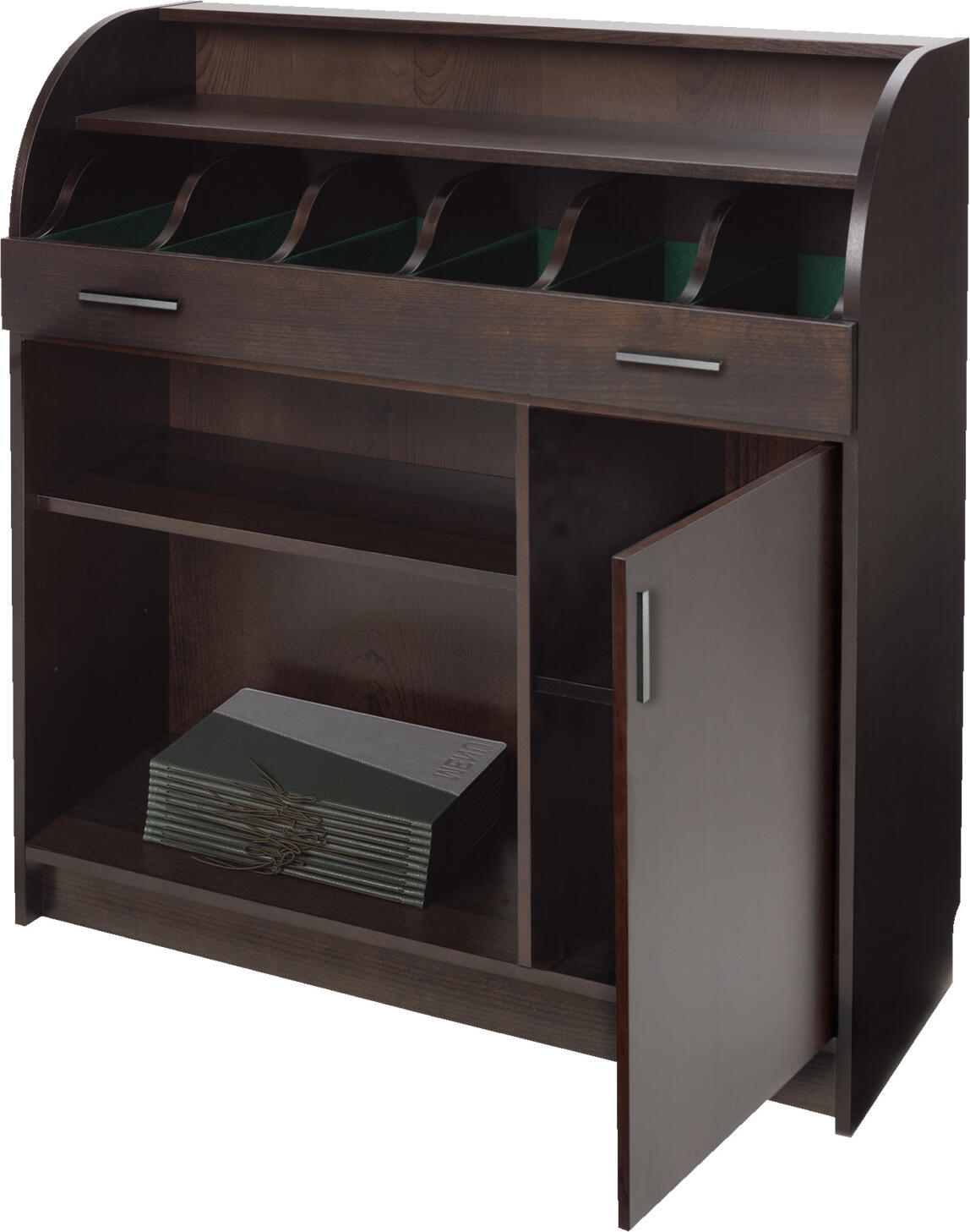 VEGA LUSINI Solutions GmbH Cutlery cabinet Aldeno wide Besteckschrank Aldeno breit Cutlery cabinet Aldeno wide; 100x38x105 cm (WxDxH); brown Besteckschrank Aldeno breit; 100x38x105 cm (BxTxH); braun Classic cutlery cabinet made of wood-based panels with melamine coating. Top shelf. One large drawer with six felt-lined compartments. One lower compartment with door and height-adjustable shelf and one open side compartment with two shelves. Can be positioned anywhere and used as a room divider. Supplied assembled. Klassischer Besteckschrank aus Holzwerkstoffplatten mit Melaminbeschichtung. Ablagefläche oben. Eine große Schublade mit sechs Fächern, die mit Filz ausgelegt sind. Ein unteres Fach mit Tür und höhenverstellbarem Regalboden und ein offenes Seitenfach mit zwei Regalböden. Frei aufstellbar und als Raumteiler verwendbar. Lieferung erfolgt montiert.