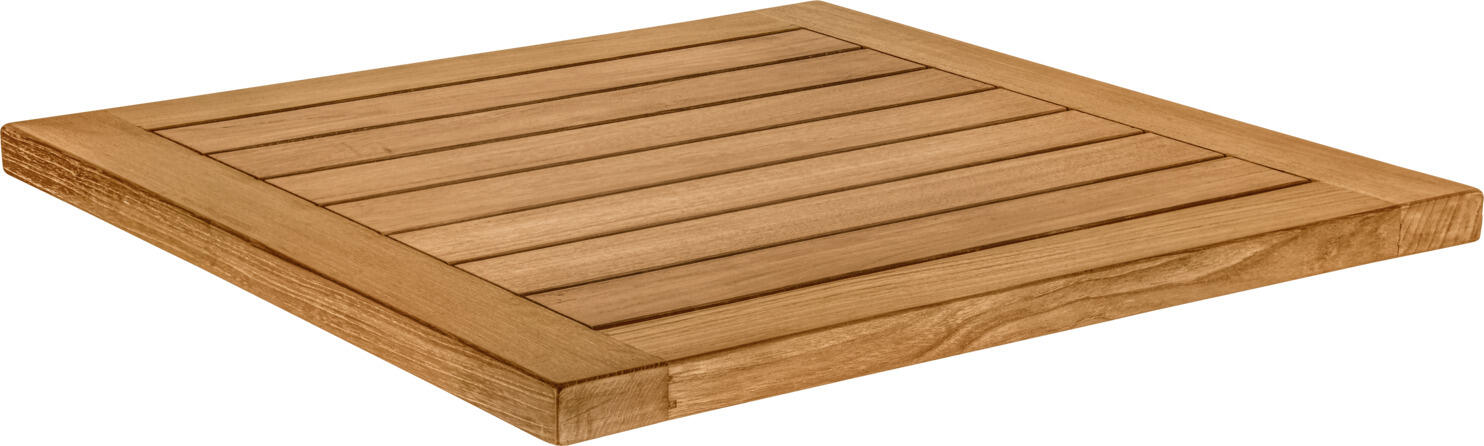 VEGA LUSINI Solutions GmbH Outdoor teak table top Mirello square Outdoor-Teak-Tischplatte Mirello quadratisch Outdoor teak table top Mirello square; 70x70x3 cm (LxWxH); brown; square Outdoor-Teak-Tischplatte Mirello quadratisch; 70x70x3 cm (LxBxH); braun; quadratisch This high-quality square outdoor table top made of solid teak is the ideal solution for restaurants, cafés, bars and hotels that rely on durable and authentic outdoor catering furniture. The FSC®-certified teak wood of quality class A impresses with its natural robustness, high weather resistance and elegant appearance - perfect for professional patio and outdoor areas. With a material thickness of 3 cm, the square table top offers maximum stability and a high-quality feel. It is weatherproof, UV-resistant and available in various sizes so that it can be flexibly combined with different table columns and catering frames. Thanks to their square shape, the tables are easy to put together or separate. They fit well against walls or in corners and utilise the space efficiently. Many catering establishments rely on square tables because they are modular, robust and standardised. This makes planning, purchasing and replacement easier.  Matching table columns can be ordered at the same time. **Care instructions for teak - natural or oiled** Our teak table tops are made of high-quality, untreated teak that retains its natural quality even when exposed to intensive weathering - ideal for heavily frequented outdoor areas in the catering industry. We recommend allowing the table tops to weather naturally. This creates the popular, elegant silver-grey patina that gives teak its special character. (as shown in the 4th picture) All you need for regular cleaning is warm water and a soft brush - simple, quick and perfect for everyday catering. If you want to preserve the original, warm wood colour, treat the table top once or twice a year with special teak oil. Please clean thoroughly beforehand. * Solid teak table top - ideal for outdoor areas of restaurants & cafés * FSC®-certified - sustainable, high-quality real wood * 3 cm thick top - particularly stable & durable * Weatherproof & UV-resistant - ideal for terraces & beer gardens * Noble natural look, develops a silver-grey patina over time * Easy to clean - simple cleaning, optional oiling * Available in several sizes * Can be combined with many catering table columns This teak outdoor table top in a square shape for the catering industry combines natural elegance with extreme robustness - perfect for any professional outdoor area. Diese hochwertige quadratische Outdoortischplatte aus massivem Teakholz ist die ideale Lösung für Restaurants, Cafés, Bars und Hotels, die auf langlebige und authentische Outdoor-Gastronomiemöbel setzen. Das Teakholz  der Qualitätsklasse A überzeugt durch seine natürliche Robustheit, hohe Witterungsbeständigkeit und edle Optik – perfekt für professionelle Terrassen- und Außenbereiche. Mit einer Materialstärke von 3 cm bietet die quadratische Tischplatte maximale Stabilität und eine hochwertige Haptik. Sie ist wetterfest, UV-beständig und in verschiedenen Größen erhältlich, sodass sie sich flexibel mit verschiedenen Tischsäulen und Gastrogestellen kombinieren lässt. Dank der quadratischen Form lassen sich die Tische leicht zusammenstellen oder trennen. Sie passen gut an Wände oder in Ecken und nutzen den Raum effizient aus. Viele Gastronomiebetriebe setzen auf quadratische Tische, weil sie modular, robust und standardisiert sind. Das erleichtert Planung, Einkauf und Ersatz.  Passende Tischsäulen können direkt mitbestellt werden. **Pflegehinweis für Teakholz - naturbelassen oder geölt** Unsere Teakholzplatten bestehen aus hochwertigem, unbehandeltem Teak, das auch bei intensiven Witterungseinflüssen seine natürliche Qualität behält – ideal für stark frequentierte Außenbereiche der Gastronomie. Wir empfehlen, die Tischplatten natürlich verwittern zu lassen. Dadurch entsteht die beliebte, edle silbergraue Patina, die Teakholz seinen besonderen Charakter verleiht. (wie im 4. Bild zu sehen) Für die regelmäßige Reinigung genügt warmes Wasser und eine weiche Bürste – einfach, schnell und perfekt für den Gastroalltag. Wenn Sie die ursprüngliche, warme Holzfarbe erhalten möchten, behandeln Sie die Tischplatte ein- bis zweimal jährlich mit speziellem Teaköl. Bitte vorher gründlich reinigen. * Massive Teakholz-Tischplatte – ideal für Außenbereiche von Restaurants & Cafés * Nachhaltiges, hochwertiges Echtholz * 3 cm starke Platte – besonders stabil & langlebig * Wetterfest & UV-beständig – optimal für Terrassen & Biergärten * Edle natürliche Optik, entwickelt im Laufe der Zeit silbergraue Patina * Pflegeleicht – einfache Reinigung, optional ölen * In mehreren Größen verfügbar * Kombinierbar mit vielen Gastro-Tischsäulen Die Tischplatte ist FSC™-zertifiziert. LUSINI ist davon überzeugt, dass Wälder für unsere Zukunft unverzichtbar sind. Deshalb setzen wir uns für FSC™-zertifizierte Produkte ein (FSC™ N003150). So können wir Ihnen helfen, bessere Kaufentscheidungen zum Wohle unserer Wälder zu treffen. www.fsc.org