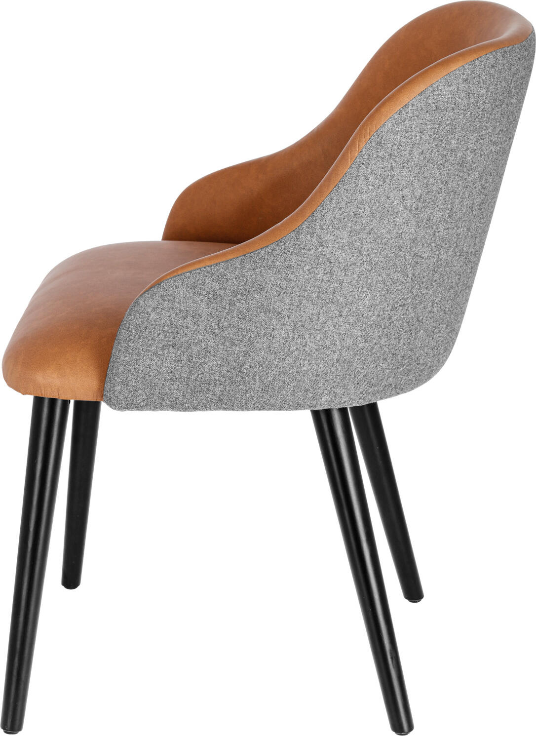 Scaun Tapitat VEGA Almonda Mix, Piele Ecologica Cognac si Material Light Grey, Picioare Lemn Fag Lacuit Negru, 54x64x77.5 cm, Ignifug