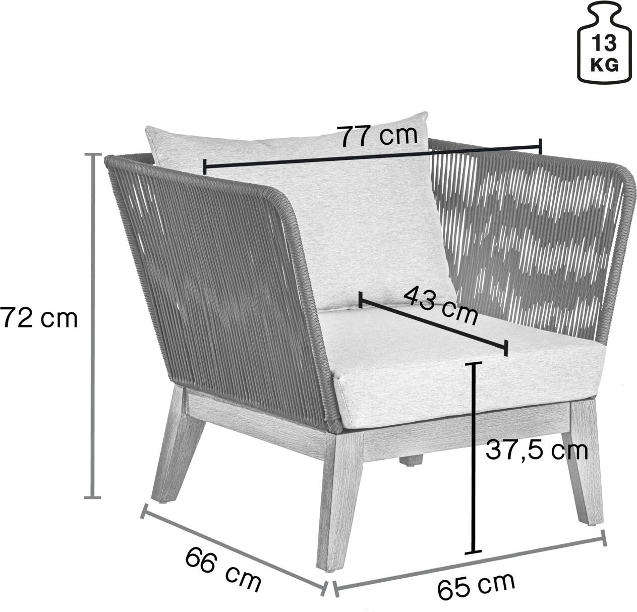 Scaun de relaxare exterior VEGA Ventura, cadru din lemn de eucalipt, spatar cu impletit de sfoara, perna din material Olefin, rezistent la intemperii, 82x78x72 cm