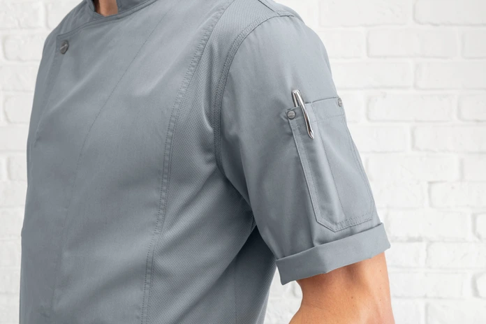 Jacket de Bucatar Jobeline Carter cu Maneca Scurta pentru Barbati, Gri, 65% Poliester 35% Bumbac, Insertii de Plasa Respirabile, Certificare OEKO-TEX