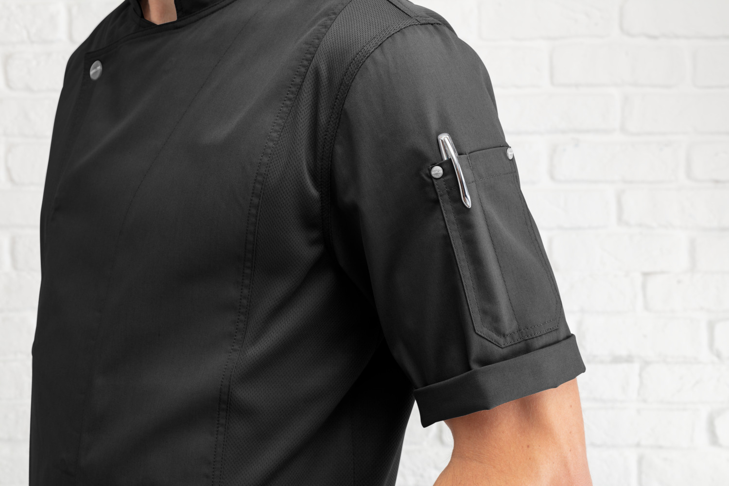 Jobeline Carter Men's Short-Sleeved Chef's Jacket, 65% Polyester 35% Cotton, Breathable Mesh Inserts, Concealed Snap Placket, OEKO-TEX Certified