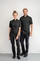 Jobeline Carter Men's Short-Sleeved Chef's Jacket, 65% Polyester 35% Cotton, Black, Breathable Mesh Inserts, Stand-up Collar, Concealed Snap Placket
